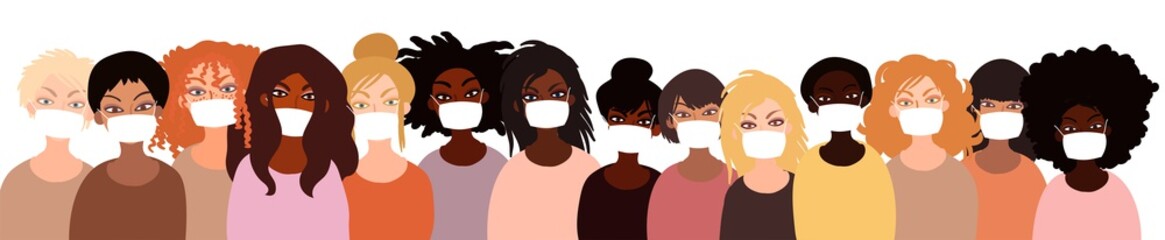 Group of different people wearing face mask for virus protection. Flat vector illustration in minimal style.