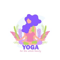 Vector illustration of mom and daughter sitting with Lotus pose, little girl and young woman doing yoga,flat design