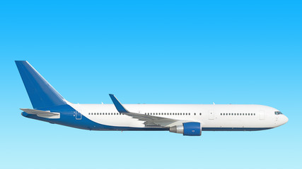 modern airplane side view isolated on blue sky background Passenger jet plane with gear up...