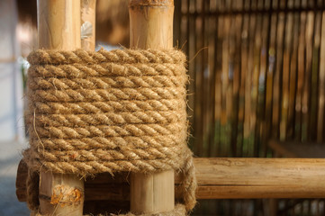 Hemp rope fasten bamboo trees stick together for building structure. Bamboo Rope Joints.