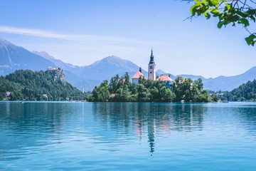 Beautiful view over Bled lake and church in Slovenia