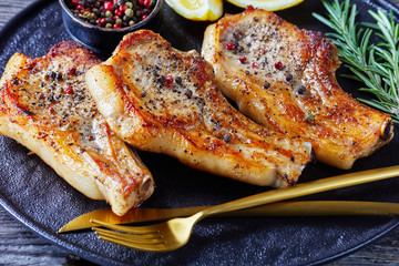 close-up of pan fried rib pork chops