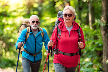 Happy senior couple of hikers  in the forest.