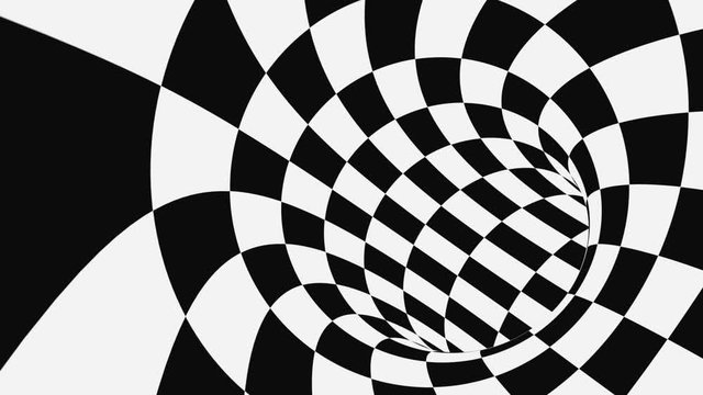 Black and white psychedelic optical illusion. Abstract hypnotic animated background. Checkered geometric looping wallpaper