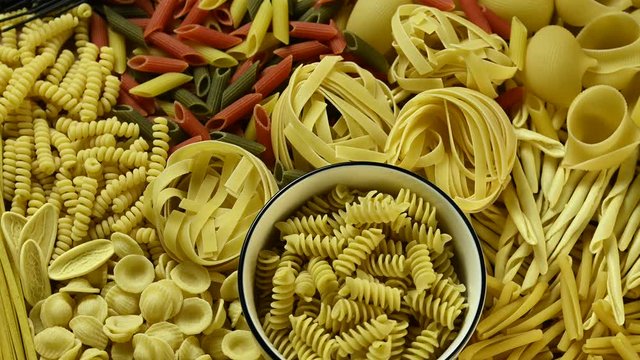 different types of pasta rotate on the table
