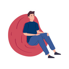 man sitting in pouf soft isolated icon vector illustration design