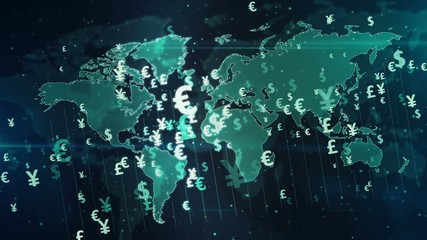 Money symbols. Dollar, Euro, Yen and Pound currency icons on digital world map loopable seamless 3d animation. Abstract concept background of finance, banking and globalization.