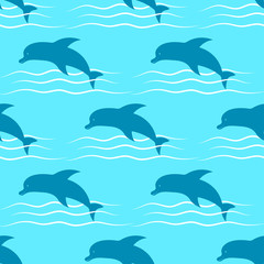 Blue dolphins in the sea. Seamless pattern. Vector graphic illustration. Texture.