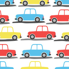 Fototapeta premium Multicolored bright cartoon cars isolated on white background. Side view. Seamless pattern. Vector graphic illustration. Texture.