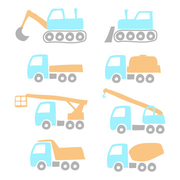 Set of cartoon construction equipment. Colorful trucks and tractors. Side view. Vector graphic hand illustration. Isolated object on a white background. Isolate.