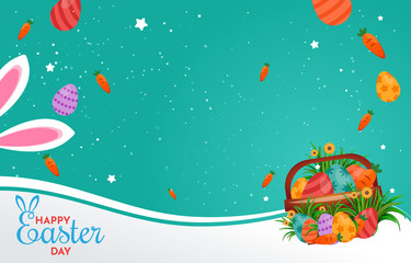 Happy Easter Day Background, Poster, Flyer, Brochure, Presentation with cutout for text. Easter Religion Illustration with eggs, bunny, and bucket.