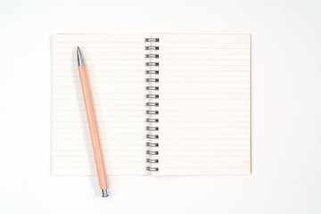 Top view blank Wood color diary and pencil on white desk