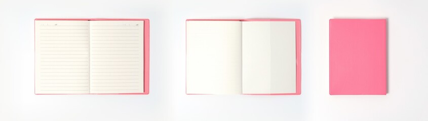 Pink notebook on white desk. Business minimal concept for women. Flat lay, top view, copy space