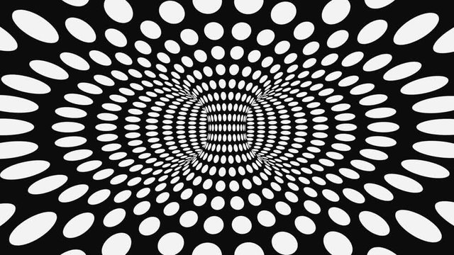 Black and white psychedelic optical illusion. Abstract hypnotic animated background. Polka dot geometric monochrome wallpaper
