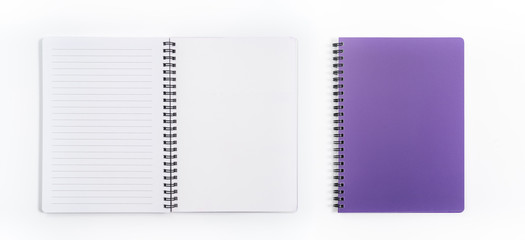 Business concept - Top view collection of spiral kraft notebook front, purple And white open page isolated on background for mockup