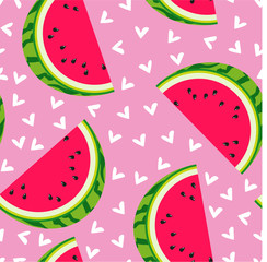 Pink seamless background with sliced of watermelons and hearts