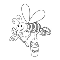 a worker bee flies with a spoon & a bucket of honey, a funny character with a smile, vector illustration with black contour lines isolated on a white background in cartoon & hand drawn style
