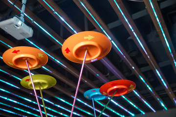 Fun with Spinning Plates .balancing a spinning plate. A collection of spinning yellow, blue, red pink plates .