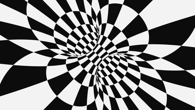 Black and white psychedelic optical illusion. Abstract hypnotic animated background. Checkered geometric looping wallpaper