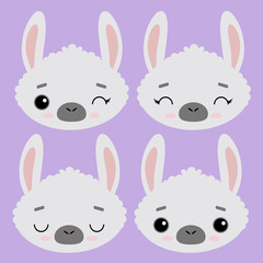 A set of cute vector illustrations of llamas. Emotional alpacas on a delicate purple background. Design for children, poster, print on fabric, greeting card.