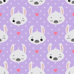 Seamless vector pattern with llamas and hearts. Cute emotional alpacas on a purple polka dot background . For printing on fabric, Wallpaper, and children 's products.