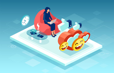 Vector of a woman sharing viral content on social media platform and attracting positive feedback