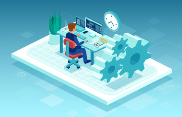 Vector of a man working on pc at his desk, freelancing from home