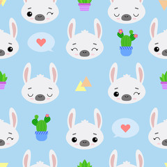 Obraz premium Seamless vector pattern with lamps, cacti and various elements. Cute emotional alpacas on a blue background. For printing on fabric, Wallpaper, and children 's products.