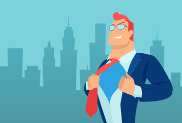 Vector of a super hero business man on a cityscape background - obrazy, fototapety, plakaty