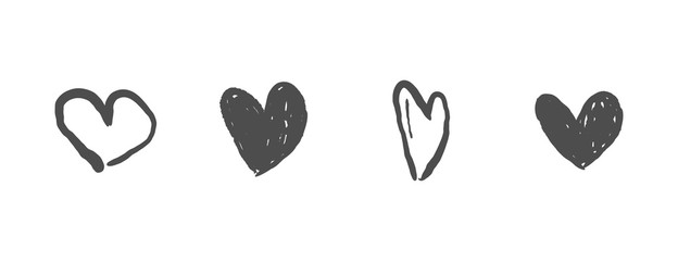 Hand drawn hearts. Heart doodle illustrations. Romance and love sketchy drawings.