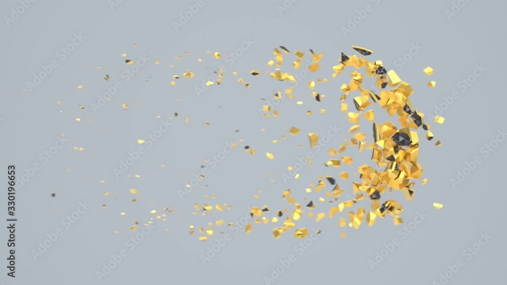 Aufkleber destroyed black font isolated on gray background with golden fragments. shattered bold capital lette