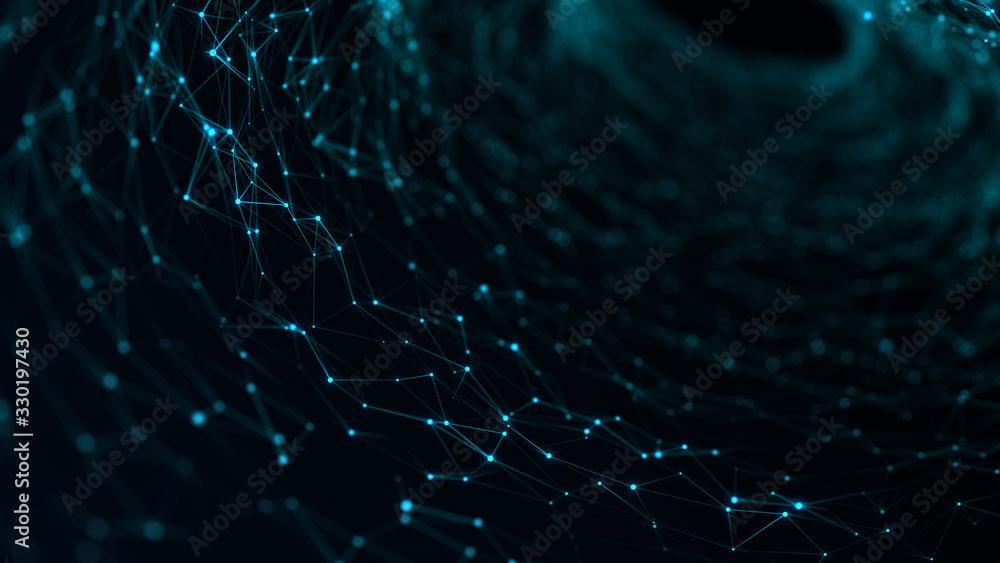 Fototapete Abstract digital wormhole. Sci-fi tunnel or portal. Digital binary data tunnel. Futuristic space travel concept. Wireframe 3d surface. 3d rendering.