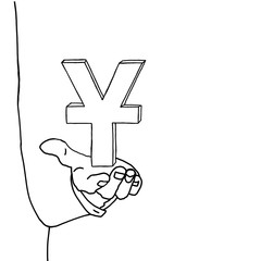 A businessman holds a Chinese yuan outline sign in his hand against a white background with free space for your text. Minimalistic illustration.