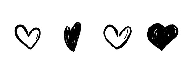 Hand drawn hearts. Heart doodle illustrations. Romance and love sketchy drawings.