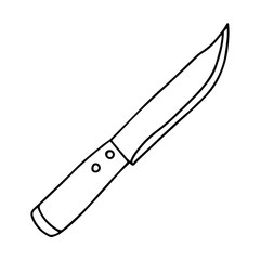 Penknife, hunting knife with a sharp blade. Steel arms. Pricking and cutting subject. Black and white vector illustration. Drawn by hand, isolated on a white background