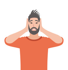 Man with shocked expression, Man feared expression, Amazed expression, Upset, Blow, Disturbance, Oh my god!  Man holding hands on head. Vector illustration in cartoon style.
