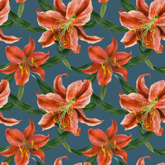 Asian lily watercolor seamless pattern with clipping path