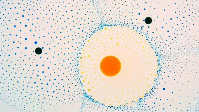 Marangoni effect, phenomenon. Biological research, scientific chemical experiment. Moving particles, organized bubbles in a liquid environment. Colorful fluid spreading on the surface, ink diffusion.