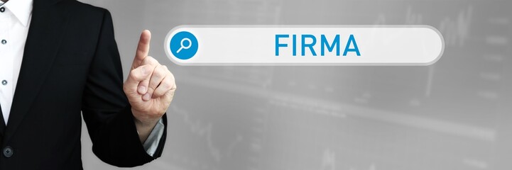 Firma. Mann im Anzug zeigt mit dem Finger auf ein Suchfeld. Das Wort Firma steht in der Suche. Symbol für Business, Finanzen, Statistik, Analyse, Wirtschaft