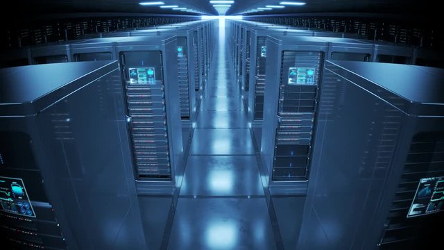 Countless modern server cabinets in a render farm. Dark, futuristic room. 4KHD