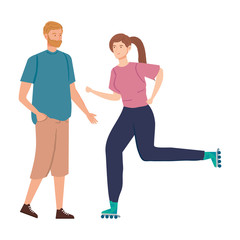 Obraz na płótnie Canvas cute couple practicing exercise avatar characters vector illustration design
