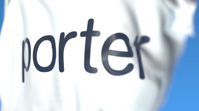 Flying Flag With Porter Airlines Logo, Close-up. Editorial 3D Rendering