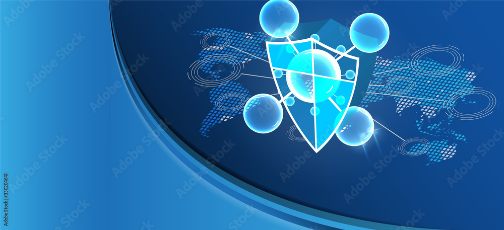 Poster abstract hexagonal micro molecule structure on blue background shield with protecting from bacteria,
