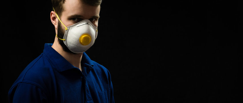medical, scientist, adult, man, caucasian, person, wearing, young, beard, not happy, panoramic, blue, portrait, face, male, copy space, space, copy, banner, 2020, respirator, sick, ban, illness, hand,