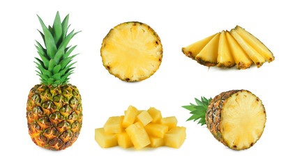 Fototapeta na wymiar Pineapple collection: whole ripe fruit, half, cross section, slices and chunks. Set isolated on white background. 