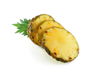 Ripe fresh pineapple with juicy cross section slices isolated on white background
