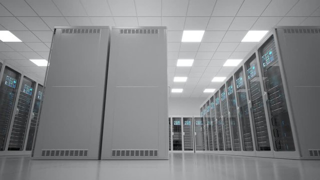 Countless modern server cabinets in a render farm. Bright, futuristic room. 4KHD