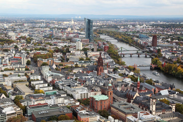 Obraz premium Panoramic view from observation point from Main Tower to Frankfurt and suburbans, Germany 
