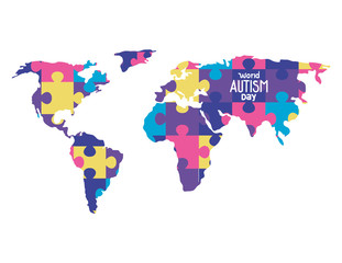 Fototapeta na wymiar world autism day with map of puzzle pieces vector illustration design