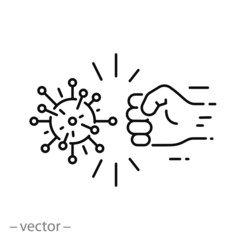 fist kick by bacteria icon, protect on virus, conquer infection disease, resistance antimicrobial, thin line web symbol on white background - editable stroke vector illustration eps10